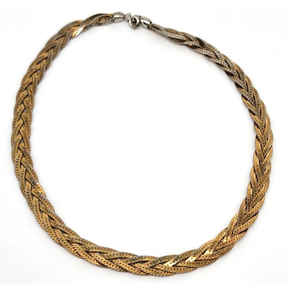 Braided Gold Tone Necklace Multi Strand Herringbone Chain Statement Vintage 19"